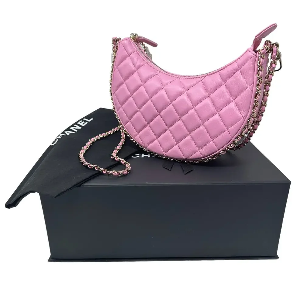Chanel Clutch with Chain Lambskin Shiny Light Gold Metal Pink Women's One Size